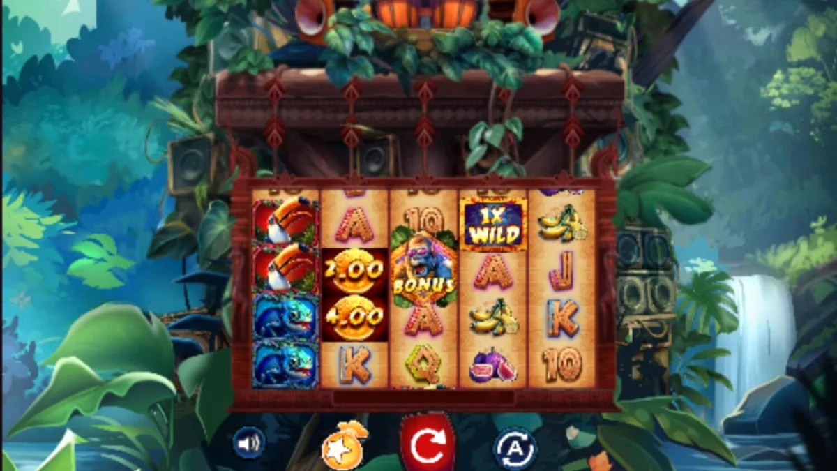 Tampilan visual slot Kongo Bongo dengan latar belakang hutan tropis dan simbol-simbol eksotis.