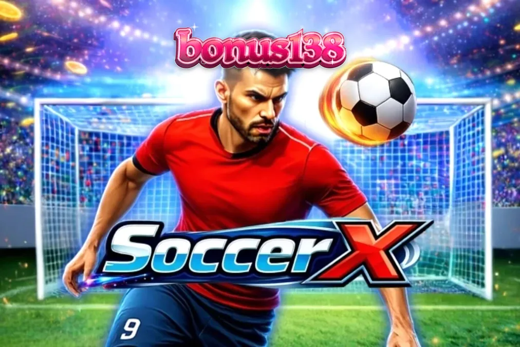 Tampilan layar permainan SoccerX dengan latar belakang stadion sepak bola yang intens.