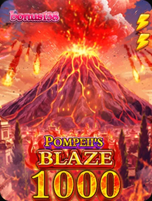 Tampilan visual slot Pompeii’s Blaze 1000 dengan latar belakang gunung berapi.